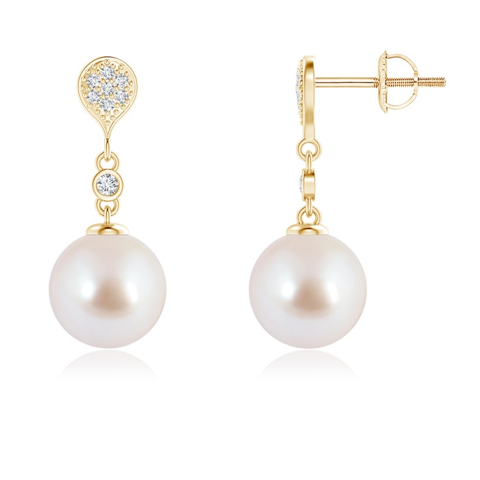 8mm AAA Akoya Cultured Pearl Inverted Teardrop Earrings in Yellow Gold