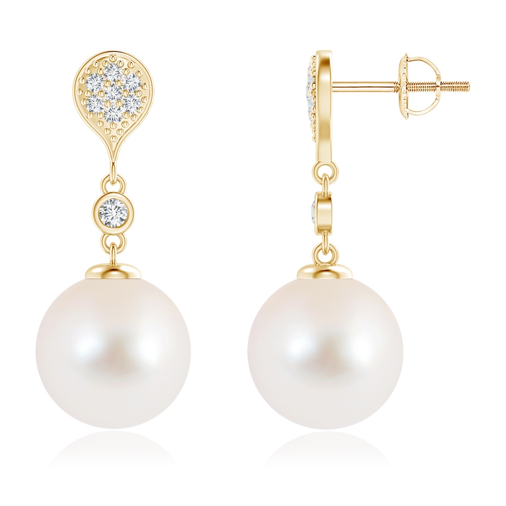 10mm AAA Freshwater Pearl Inverted Teardrop Earrings in Yellow Gold