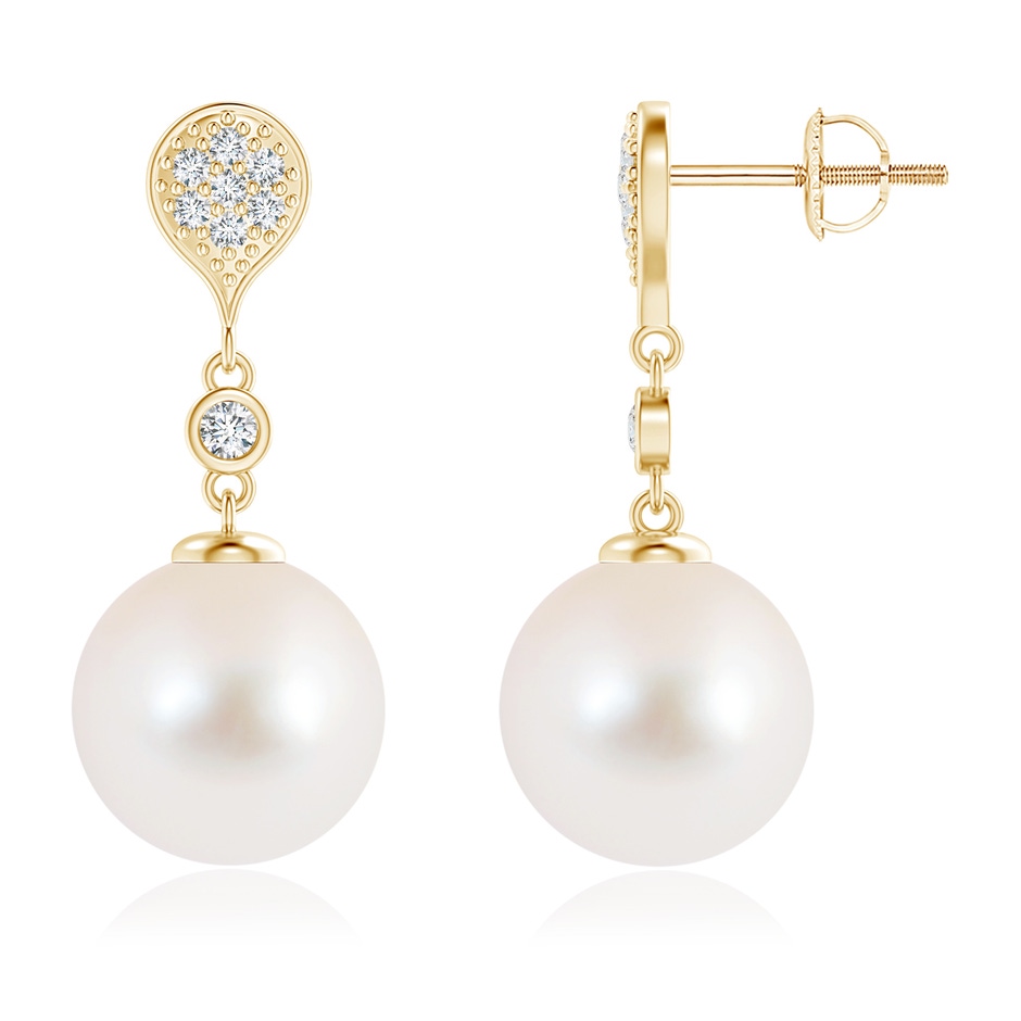 10mm AAA Freshwater Pearl Inverted Teardrop Earrings in Yellow Gold 