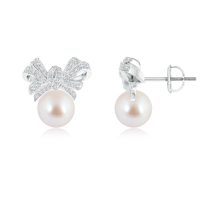 8mm AAA Akoya Cultured Pearl Bow Earrings with Diamond Accents in White Gold