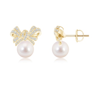 8mm AAAA Akoya Cultured Pearl Bow Earrings with Diamond Accents in Yellow Gold