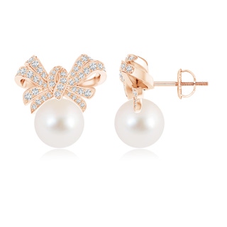 10mm AAA Freshwater Cultured Pearl Bow Earrings with Diamond Accents in Rose Gold