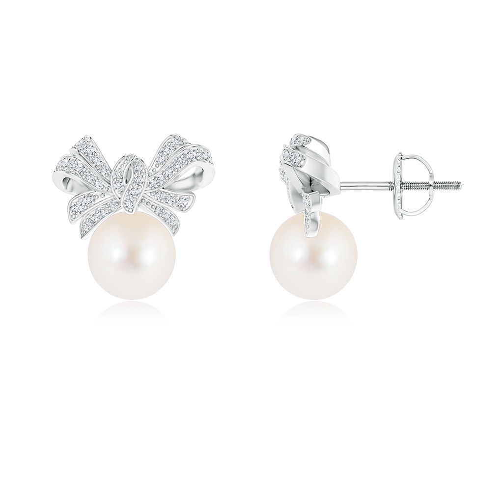 8mm AAA Freshwater Cultured Pearl Bow Earrings with Diamond Accents in White Gold