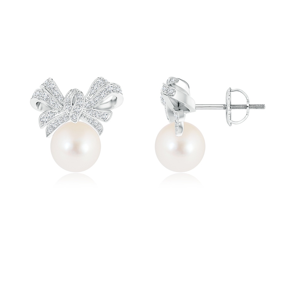 8mm AAA Freshwater Cultured Pearl Bow Earrings with Diamond Accents in White Gold 