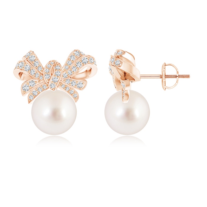 10mm AAAA South Sea Cultured Pearl Bow Earrings with Diamond Accents in Rose Gold