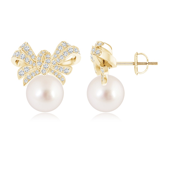 10mm AAAA South Sea Cultured Pearl Bow Earrings with Diamond Accents in Yellow Gold