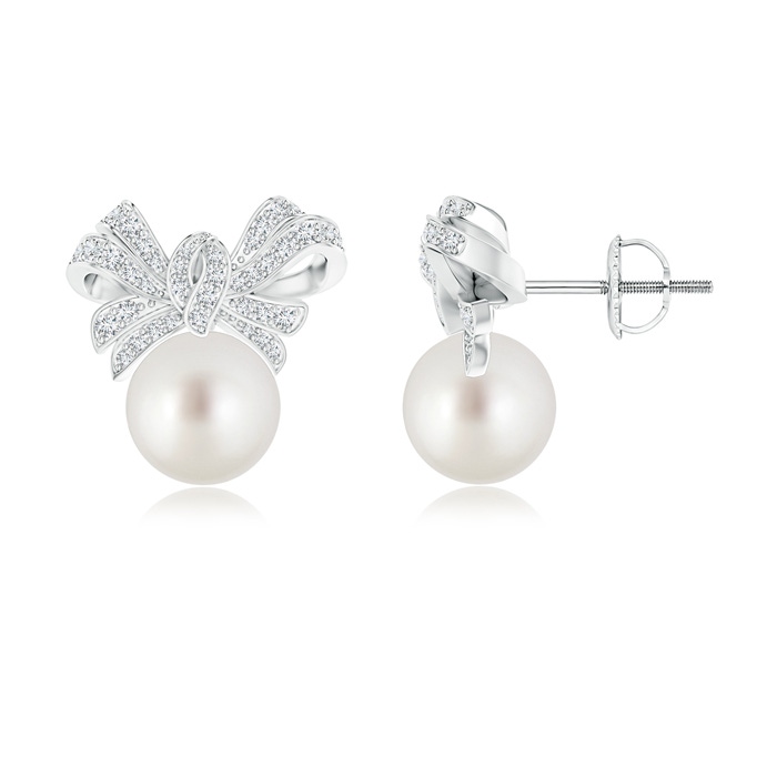 9mm AAA South Sea Cultured Pearl Bow Earrings with Diamond Accents in White Gold