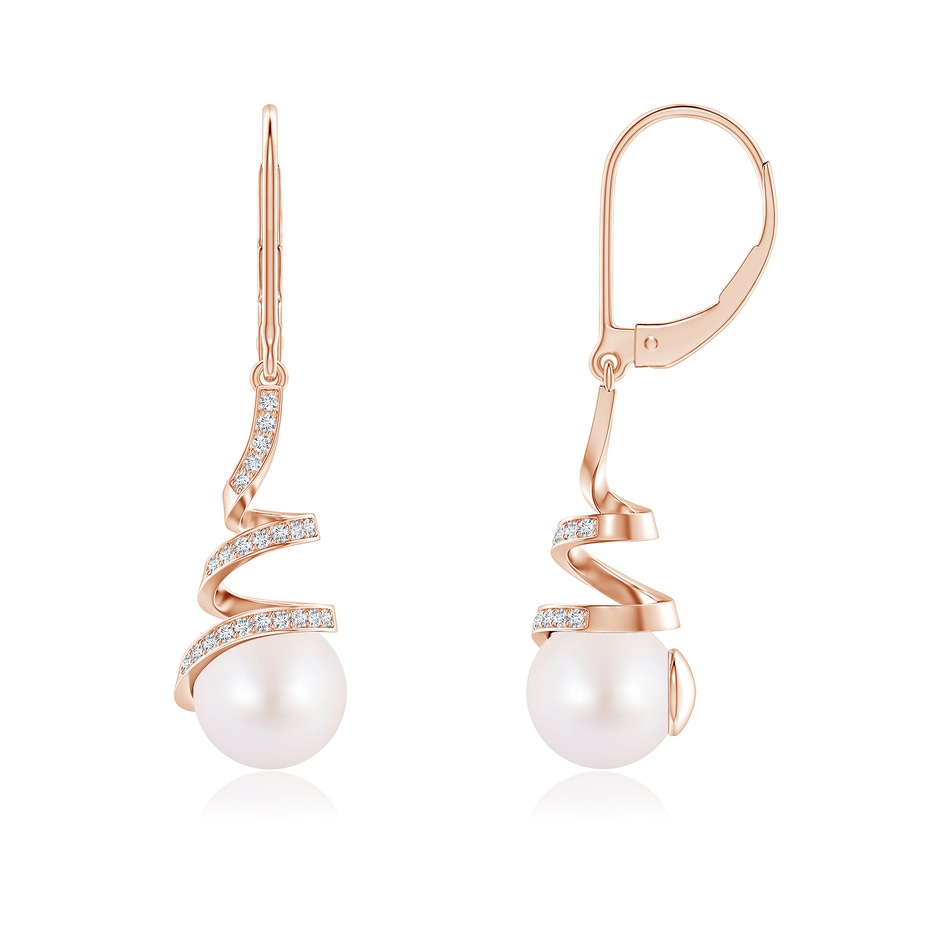 8mm AA Japanese Akoya Pearl Spiral Ribbon Drop Earrings in Rose Gold 