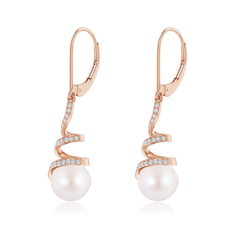 8mm AA Japanese Akoya Pearl Spiral Ribbon Drop Earrings in Rose Gold side-1