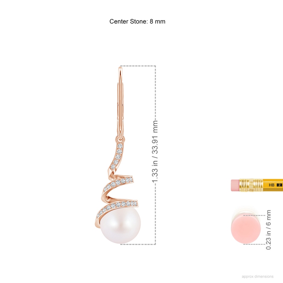 8mm AA Japanese Akoya Pearl Spiral Ribbon Drop Earrings in Rose Gold ruler