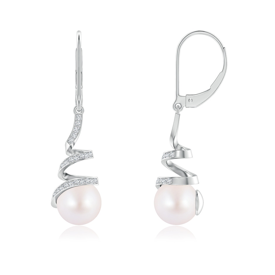 8mm AA Japanese Akoya Pearl Spiral Ribbon Drop Earrings in White Gold 