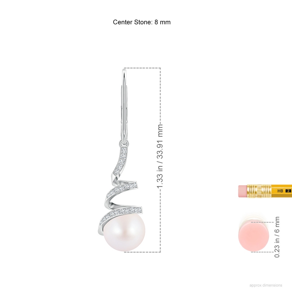 8mm AA Japanese Akoya Pearl Spiral Ribbon Drop Earrings in White Gold ruler
