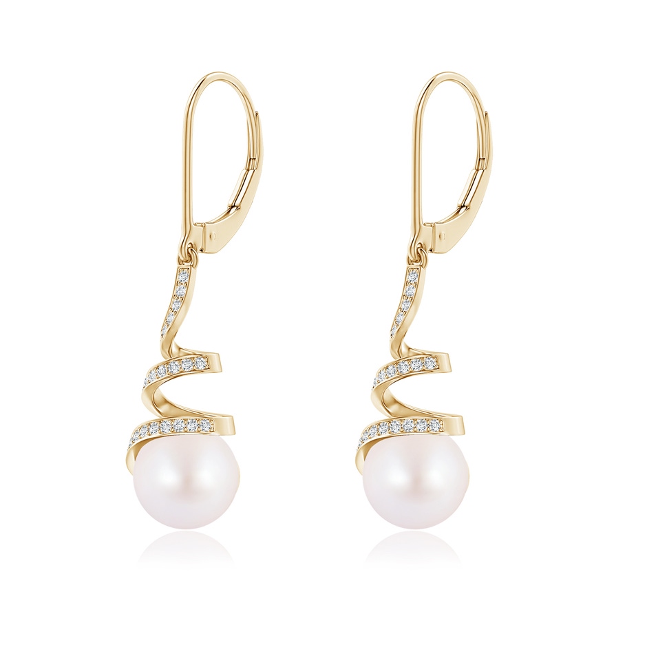 8mm AA Japanese Akoya Pearl Spiral Ribbon Drop Earrings in Yellow Gold side-1