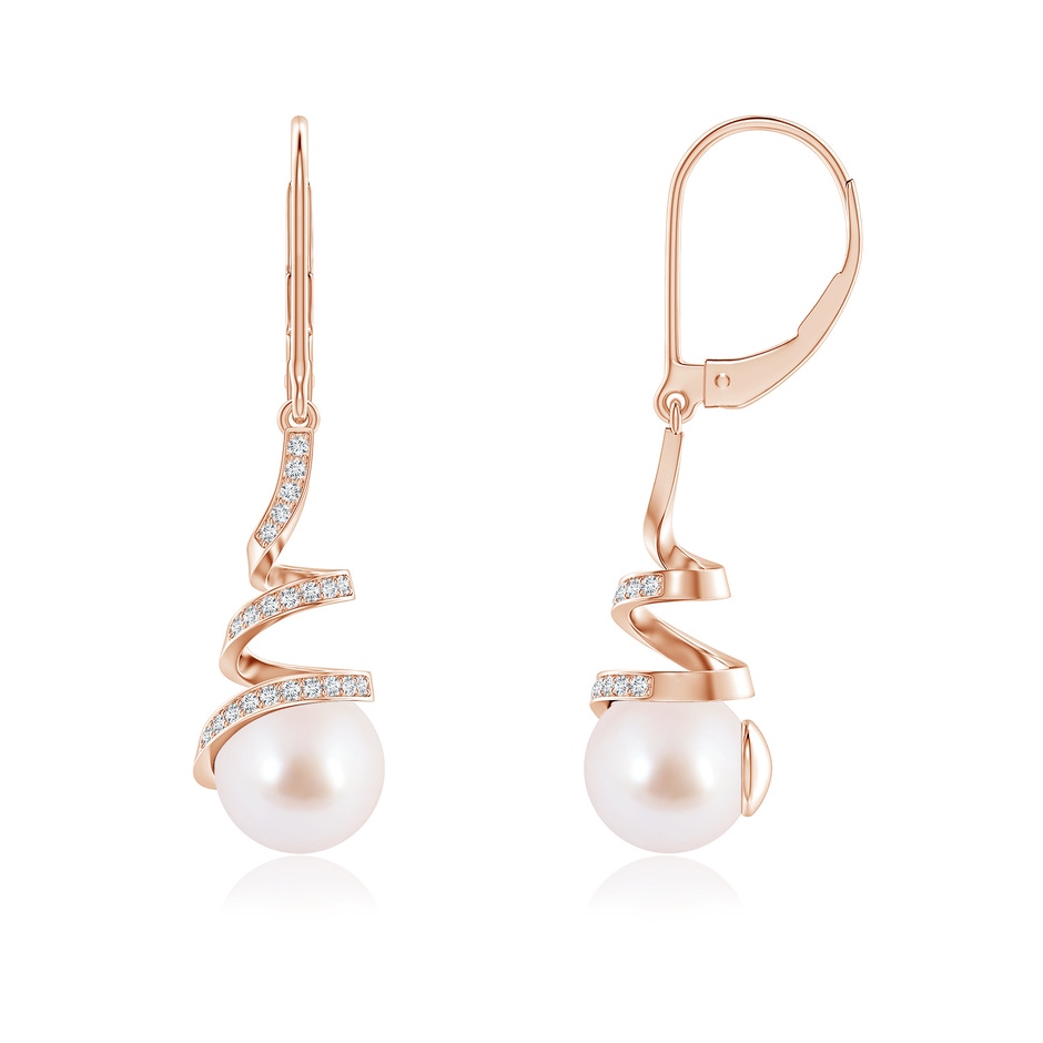 8mm AAA Japanese Akoya Pearl Spiral Ribbon Drop Earrings in Rose Gold 