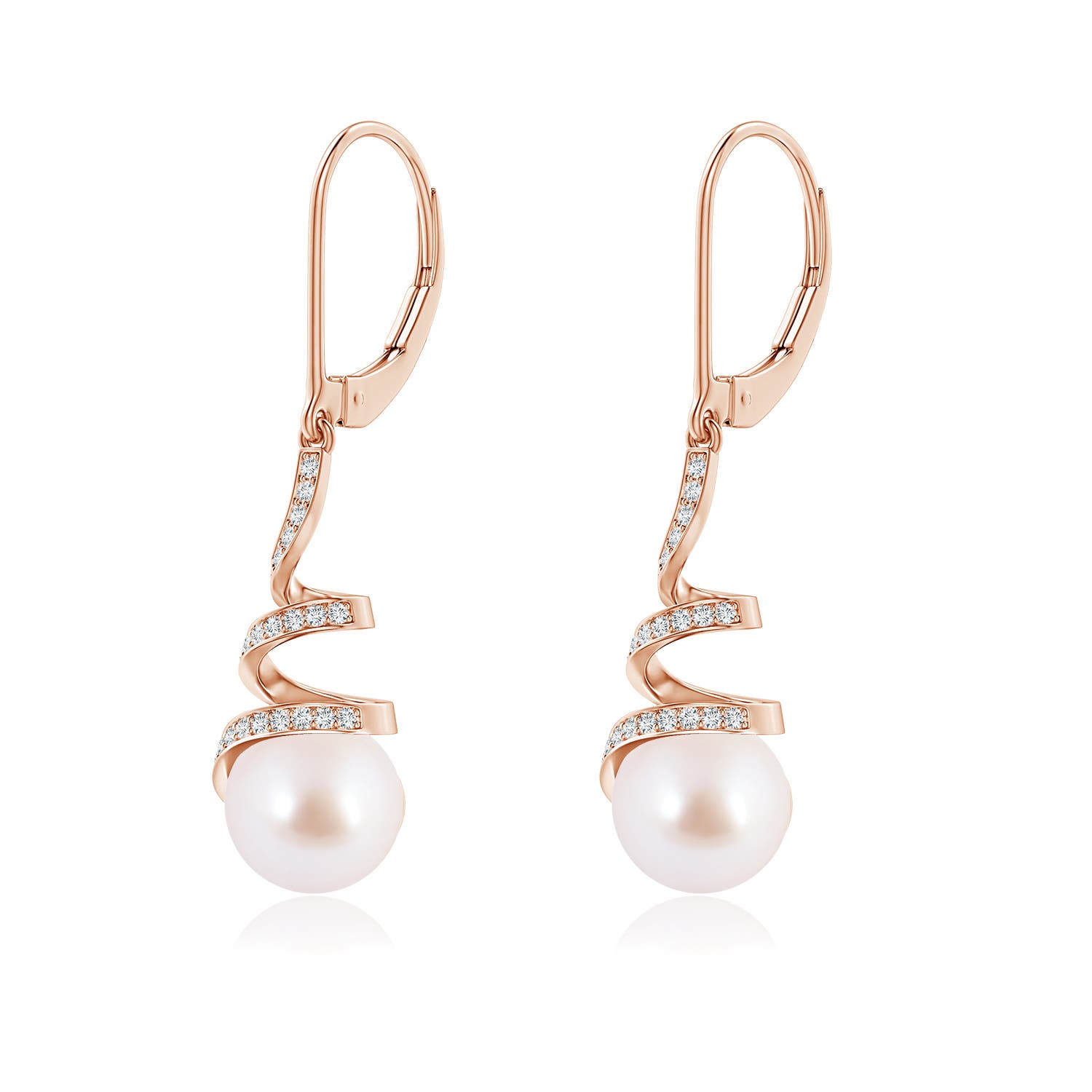 8mm AAA Japanese Akoya Pearl Spiral Ribbon Drop Earrings in Rose Gold