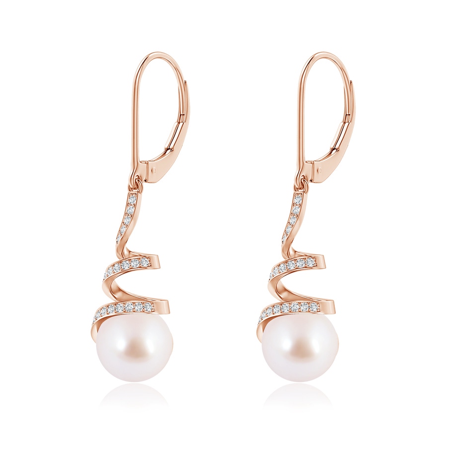 8mm AAA Japanese Akoya Pearl Spiral Ribbon Drop Earrings in Rose Gold side-1