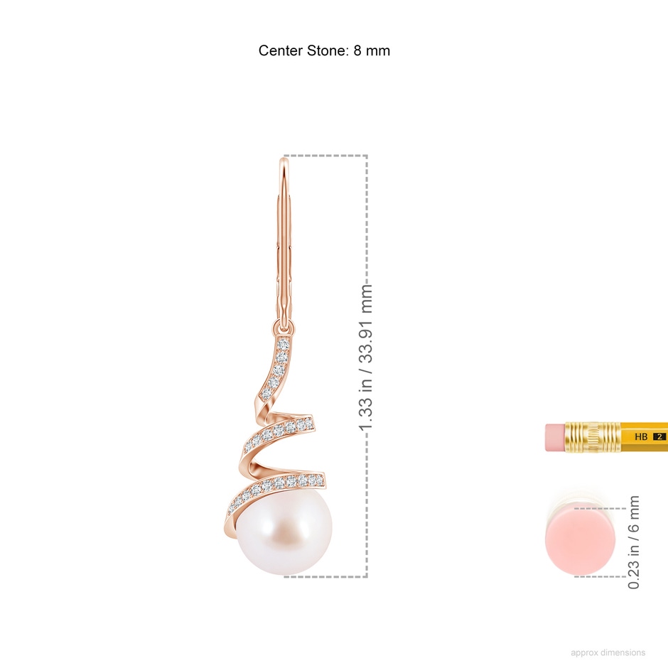 8mm AAA Japanese Akoya Pearl Spiral Ribbon Drop Earrings in Rose Gold ruler