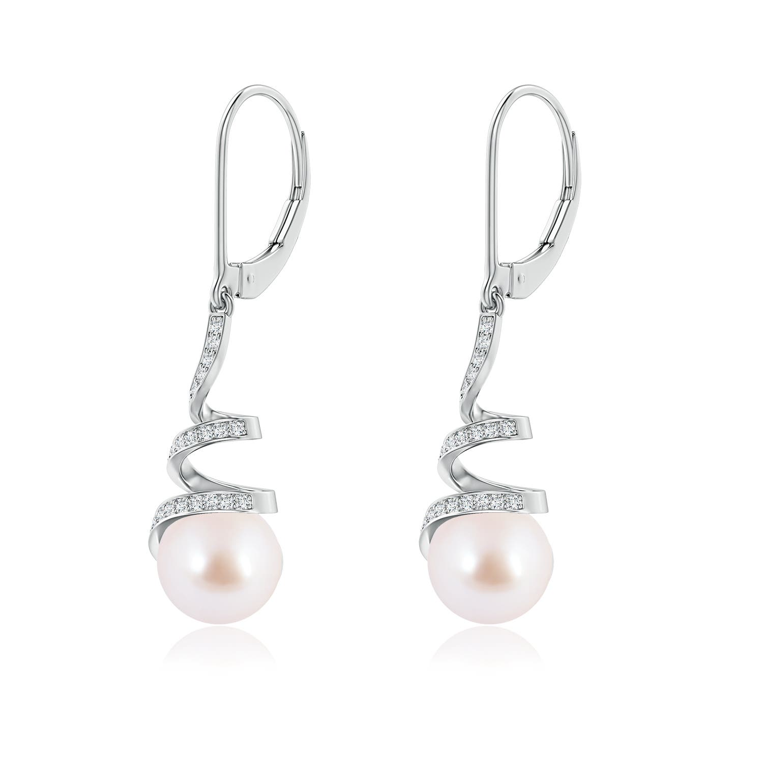 8mm AAA Japanese Akoya Pearl Spiral Ribbon Drop Earrings in White Gold - side 2