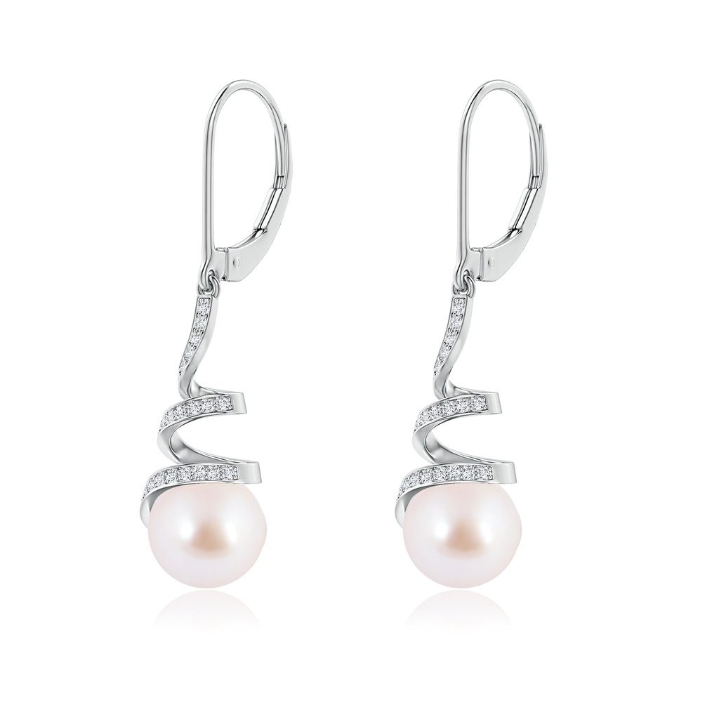 8mm AAA Japanese Akoya Pearl Spiral Ribbon Drop Earrings in White Gold - side_1