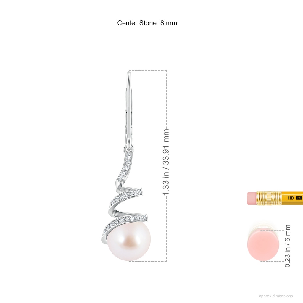 8mm AAA Japanese Akoya Pearl Spiral Ribbon Drop Earrings in White Gold Ruler