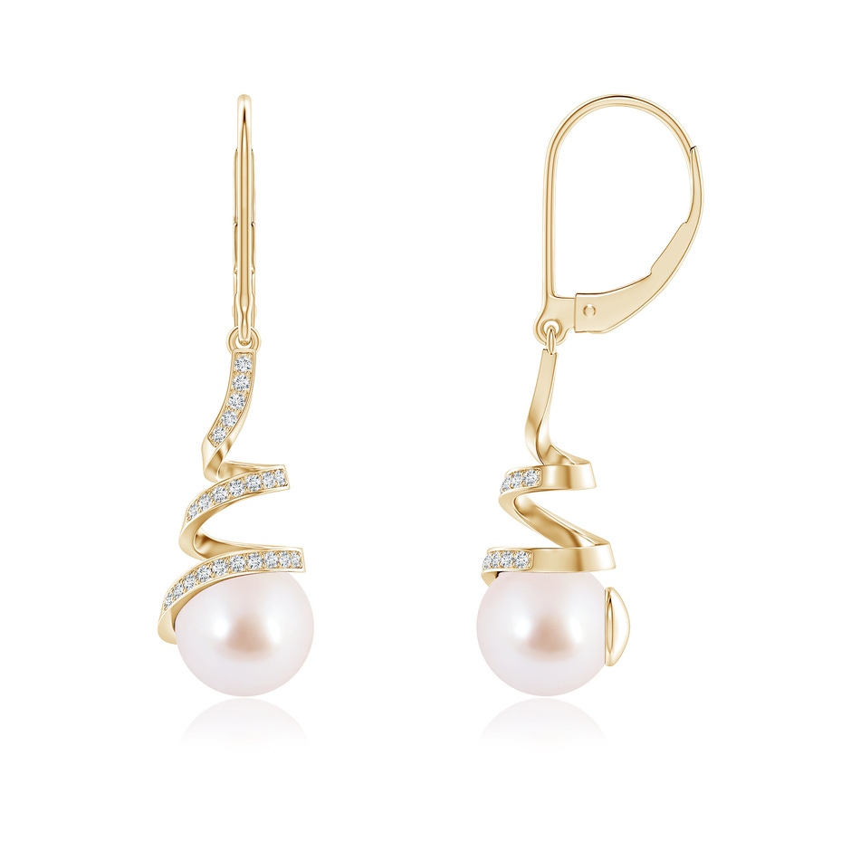 8mm AAA Japanese Akoya Pearl Spiral Ribbon Drop Earrings in Yellow Gold 