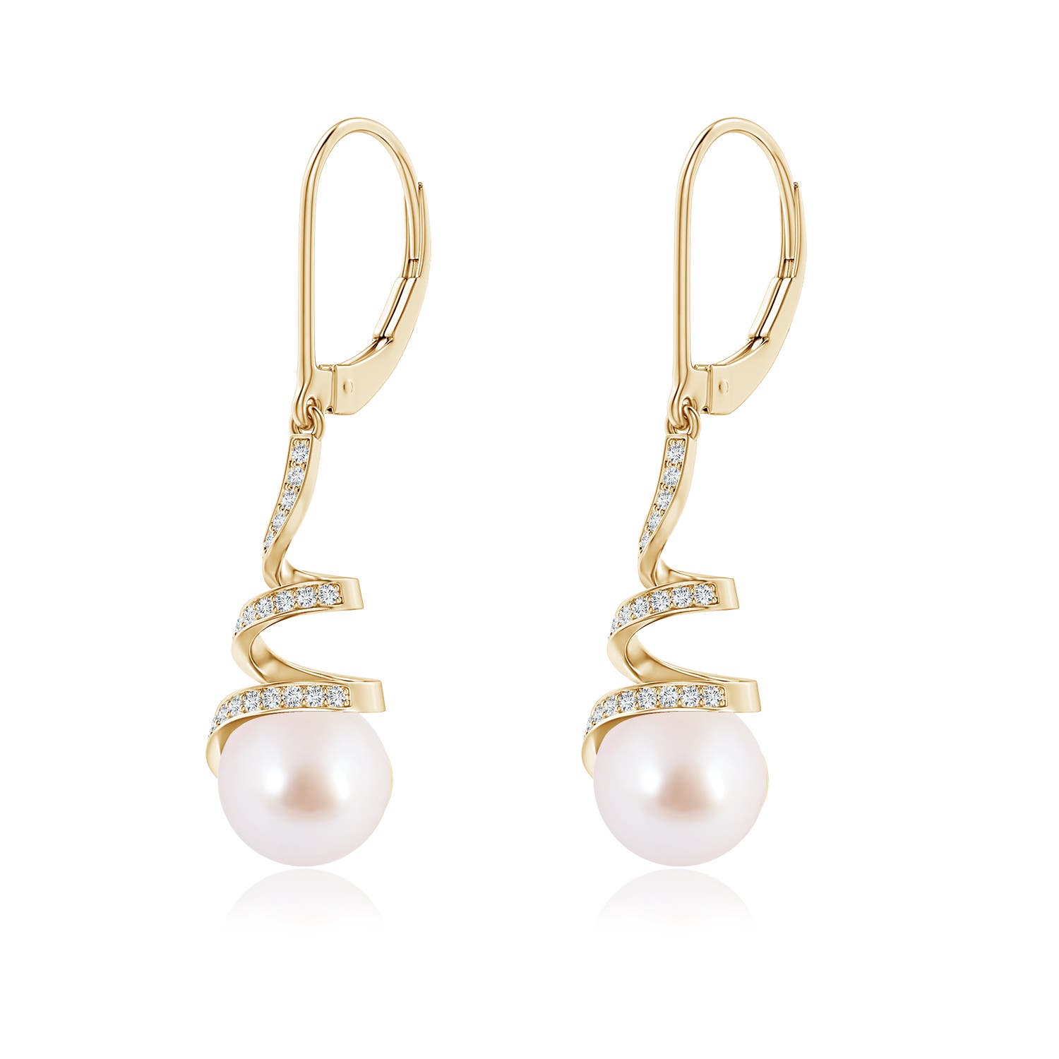 8mm AAA Japanese Akoya Pearl Spiral Ribbon Drop Earrings in Yellow Gold