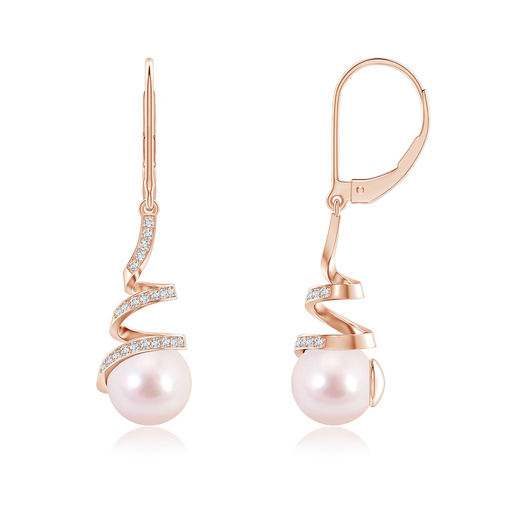 8mm AAAA Japanese Akoya Pearl Spiral Ribbon Drop Earrings in Rose Gold