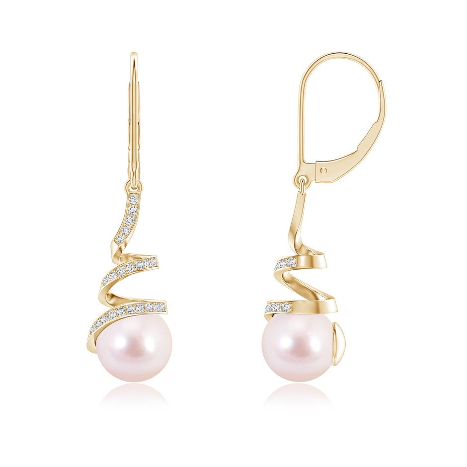 8mm AAAA Japanese Akoya Pearl Spiral Ribbon Drop Earrings in Yellow Gold 