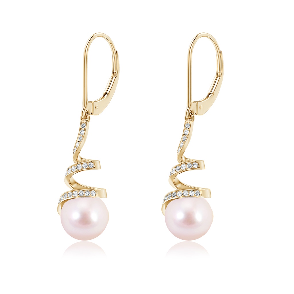 8mm AAAA Japanese Akoya Pearl Spiral Ribbon Drop Earrings in Yellow Gold - side_1