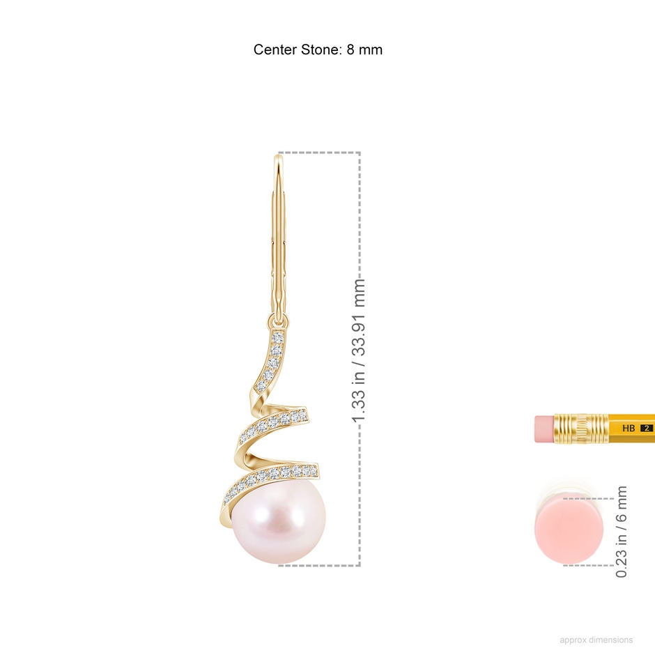 8mm AAAA Japanese Akoya Pearl Spiral Ribbon Drop Earrings in Yellow Gold ruler