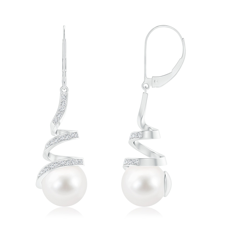 10mm AA Freshwater Pearl Spiral Ribbon Drop Earrings in White Gold 