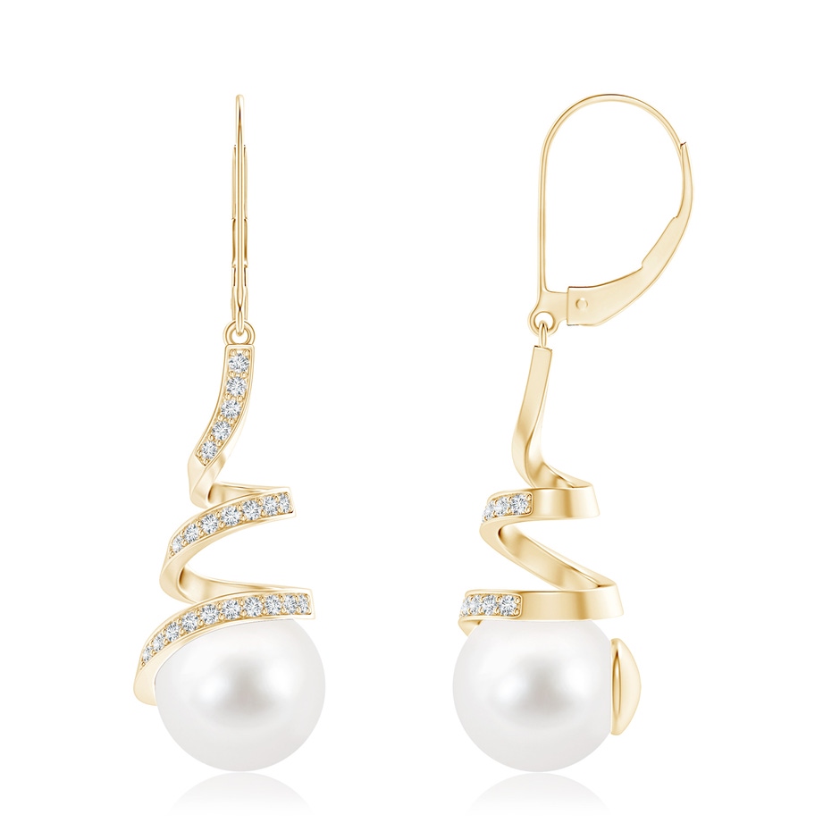 10mm AA Freshwater Pearl Spiral Ribbon Drop Earrings in Yellow Gold 