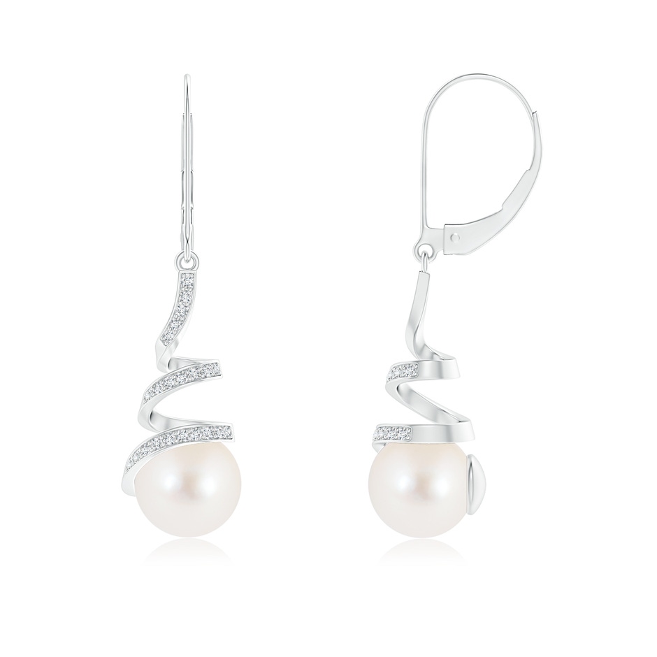 8mm AAA Freshwater Pearl Spiral Ribbon Drop Earrings in White Gold 