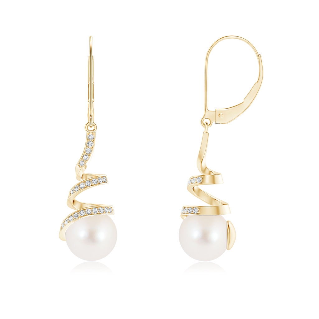 8mm AAA Freshwater Pearl Spiral Ribbon Drop Earrings in Yellow Gold