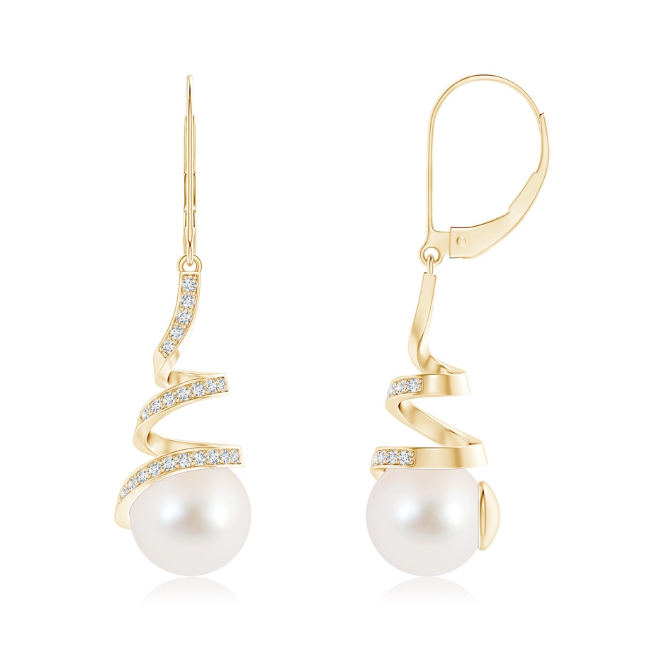 9mm AAA Freshwater Pearl Spiral Ribbon Drop Earrings in Yellow Gold 