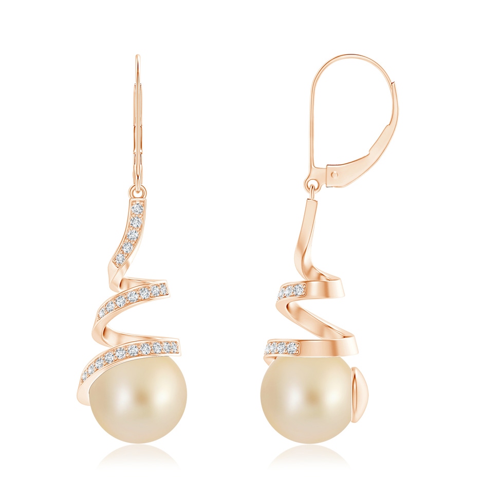 10mm AA Golden South Sea Pearl Spiral Ribbon Drop Earrings in Rose Gold 