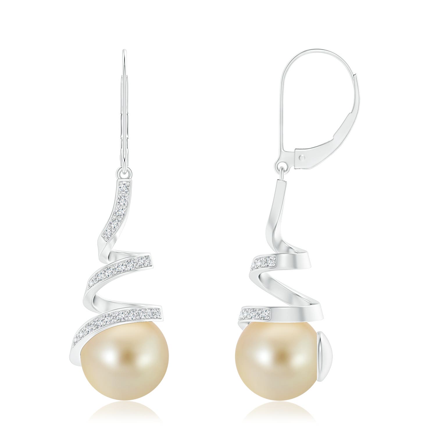 10mm AAA Golden South Sea Pearl Spiral Ribbon Drop Earrings in White Gold