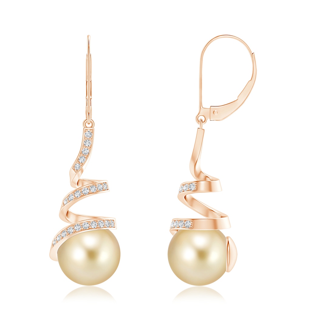 10mm AAAA Golden South Sea Pearl Spiral Ribbon Drop Earrings in Rose Gold