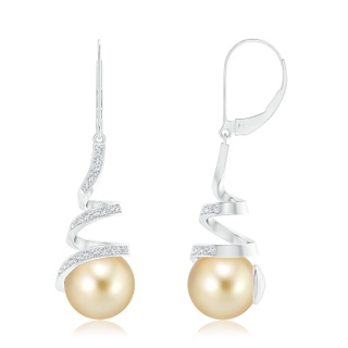 10mm AAAA Golden South Sea Pearl Spiral Ribbon Drop Earrings in White Gold