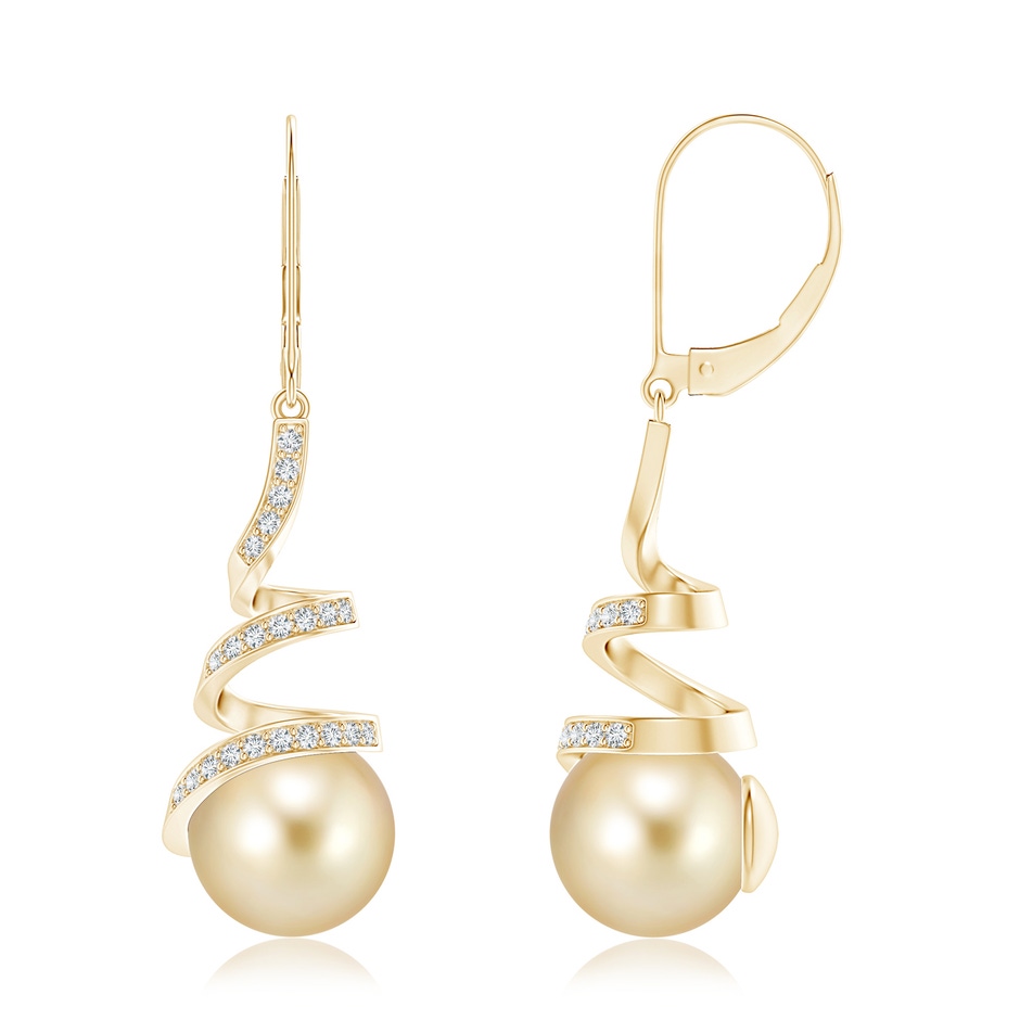 10mm AAAA Golden South Sea Pearl Spiral Ribbon Drop Earrings in Yellow Gold 