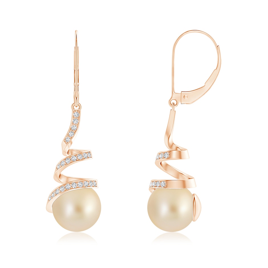 9mm AA Golden South Sea Pearl Spiral Ribbon Drop Earrings in 9K Rose Gold 