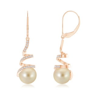 9mm AAA Golden South Sea Pearl Spiral Ribbon Drop Earrings in 10K Rose Gold