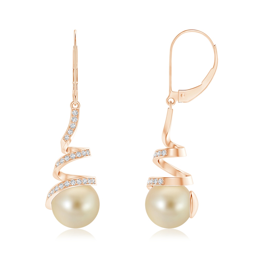 9mm AAA Golden South Sea Pearl Spiral Ribbon Drop Earrings in Rose Gold 