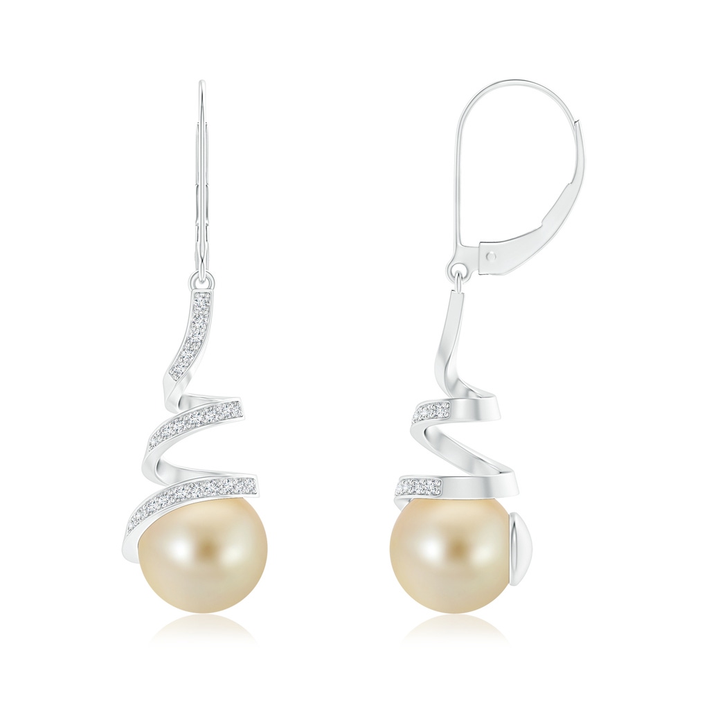 9mm AAA Golden South Sea Pearl Spiral Ribbon Drop Earrings in White Gold