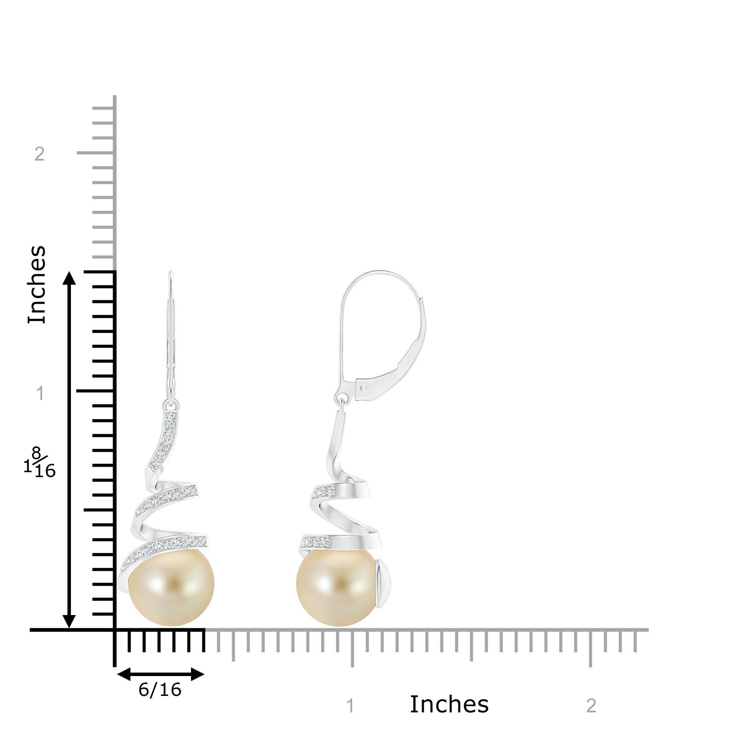 9mm AAA Golden South Sea Pearl Spiral Ribbon Drop Earrings in White Gold - ruler