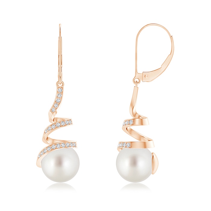 9mm AAA South Sea Pearl Spiral Ribbon Drop Earrings in Rose Gold 