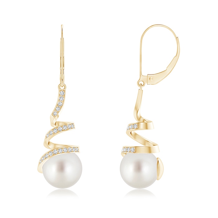 9mm AAA South Sea Pearl Spiral Ribbon Drop Earrings in Yellow Gold