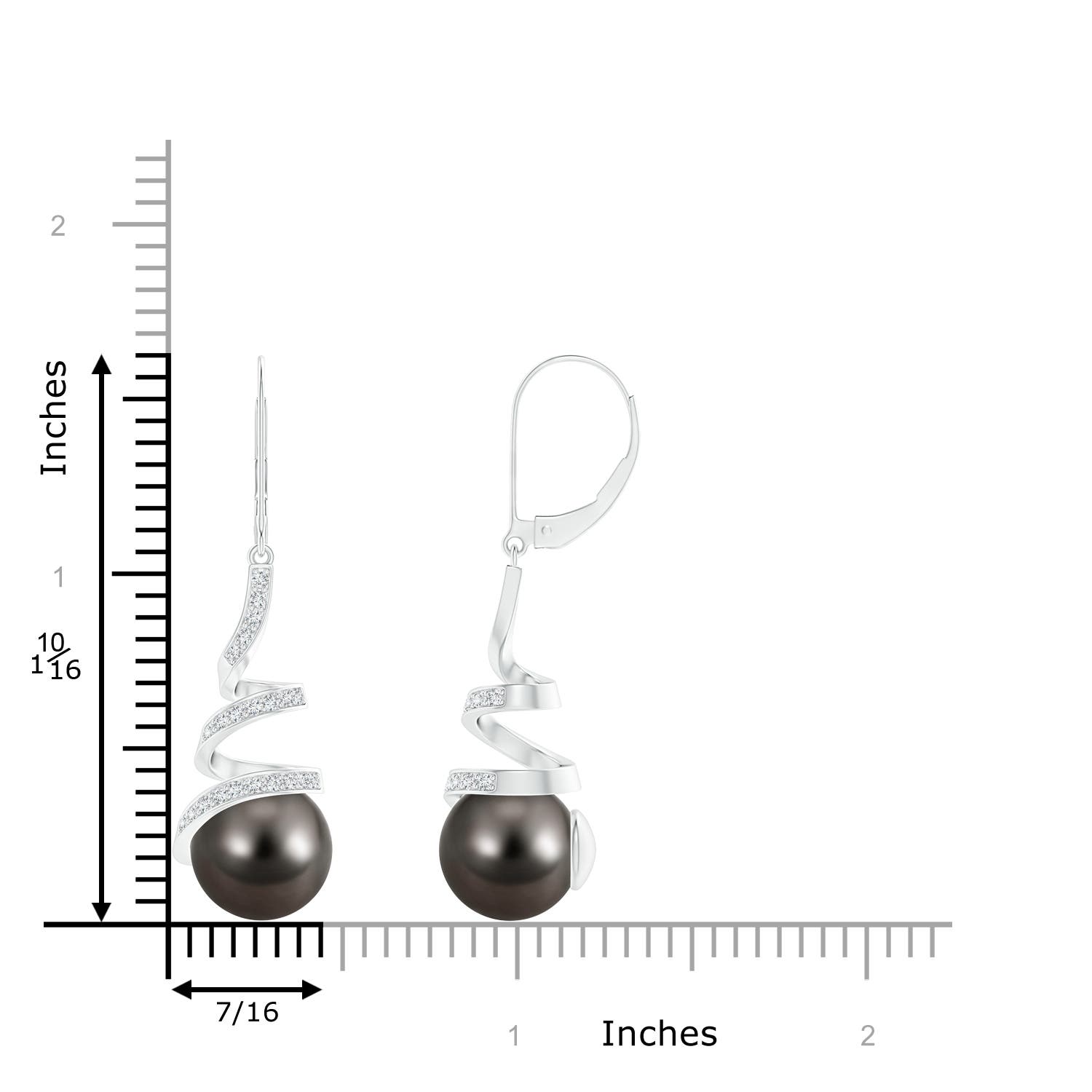 10mm AAA Tahitian Pearl Spiral Ribbon Drop Earrings in White Gold - ruler
