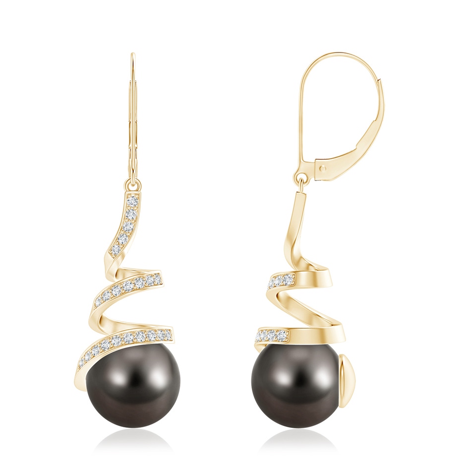 10mm AAA Tahitian Pearl Spiral Ribbon Drop Earrings in Yellow Gold 