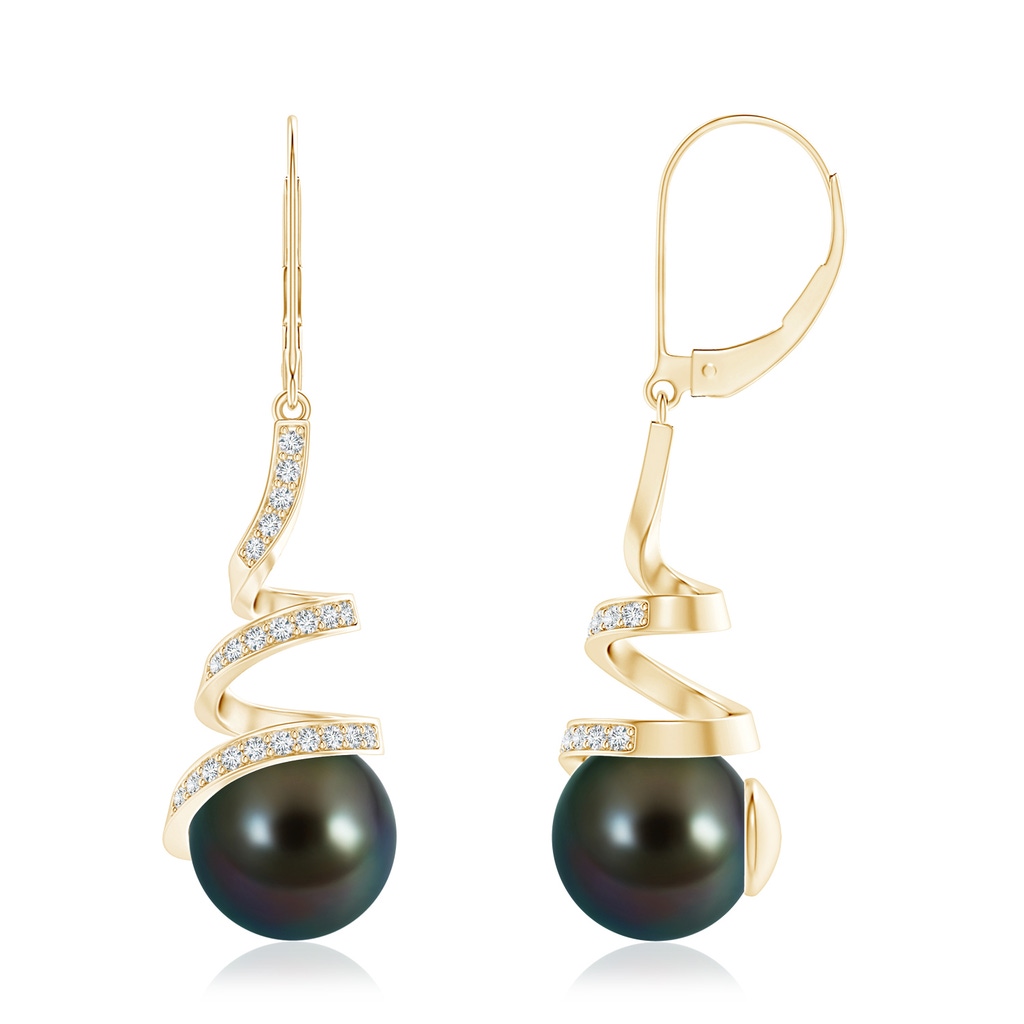 10mm AAAA Tahitian Pearl Spiral Ribbon Drop Earrings in Yellow Gold